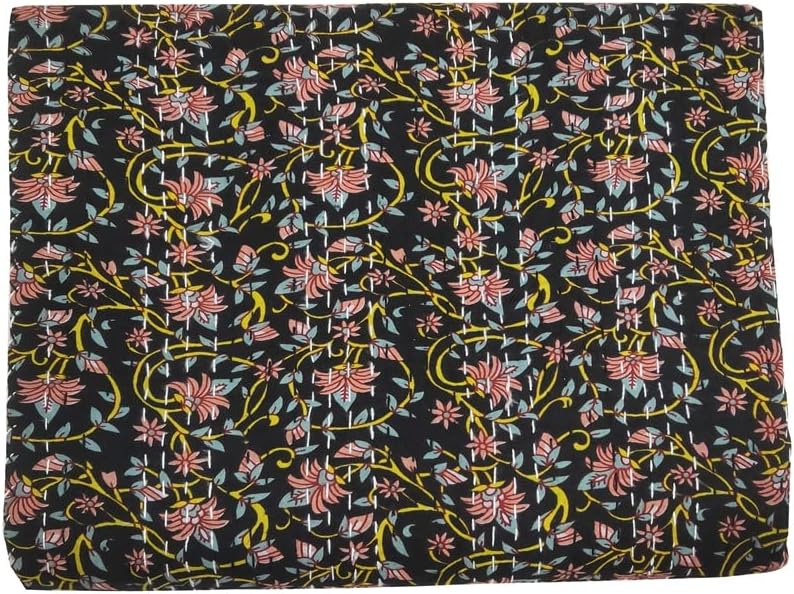 Indian Kantha Quilt Block Printed Kantha Blanket Cotton Kantha Bedspread Handmade Kantha Quilt Throw Indian Print Summer bedspreads (Black, Twin)