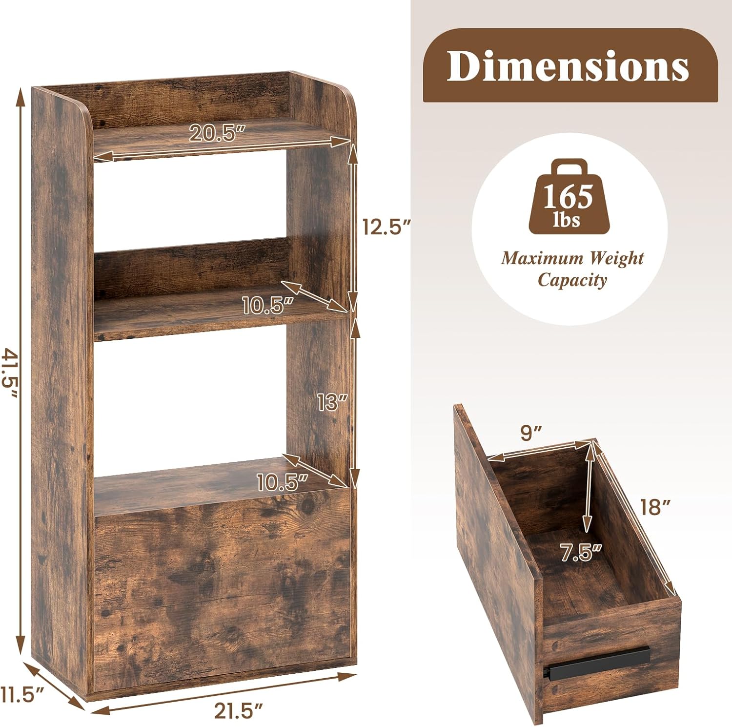 Giantex 4-Tier Bookshelf with Drawer, 41.5" Tall Bookcase with Open Shelf, 2 Anti-Tipping Kits, Freestanding Storage Cabinet Display Shelf for Living Room, Bedroom, Office, Rustic Brown