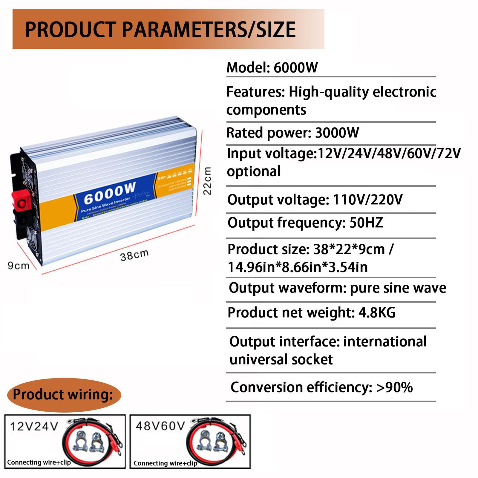 Inversor de Onda sinusoidal Pura de Alta eficiencia, con Pantalla LED y Tomas de AC,de 3000 W/4000 W/5000 W/6000 W/8000 W de Potencia máxima, para Casas, campings y caravanas. 6000w-12v
