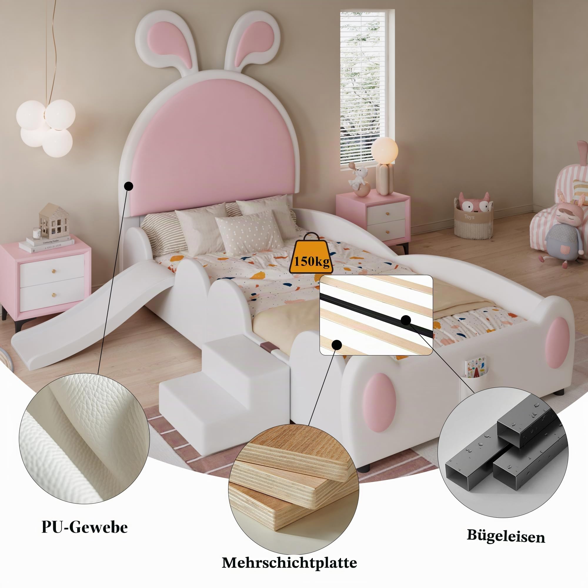 Dolamaní Mädchen Kinder Bett 90x200 cm Mit Kleiner Treppe und Kinderrutsche, Polsterbett PU Kopfteil mit Hasenohren, Einzelbett (Weiß+Rosa)