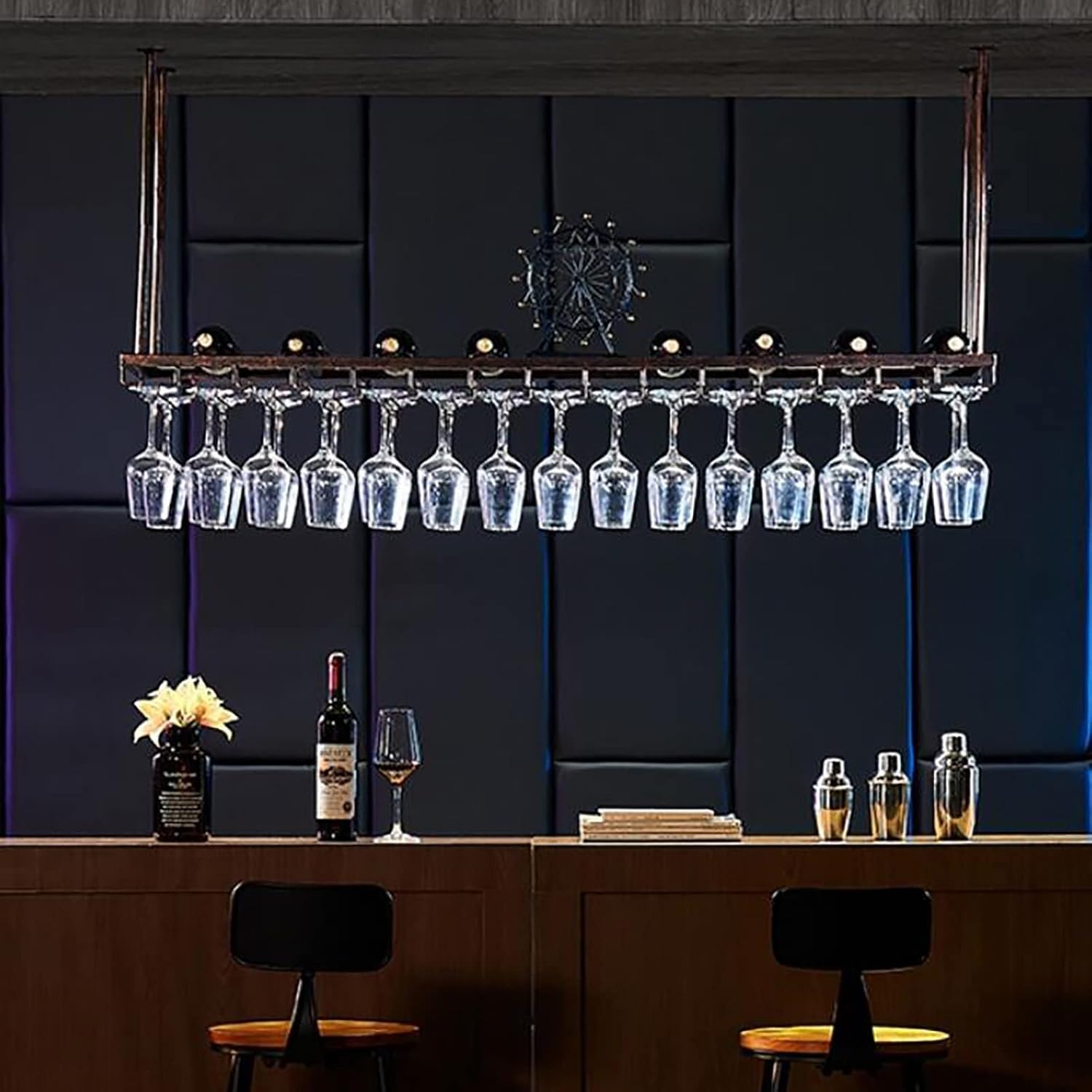 Hanging Wine Glass Holder Industrial Wine Racks,Ceiling Wine Holder,Adjustable Height,Wall-Mounted Iron Wine Glass Rack,Stemware Shelf for Bars Restaurants Kitchens