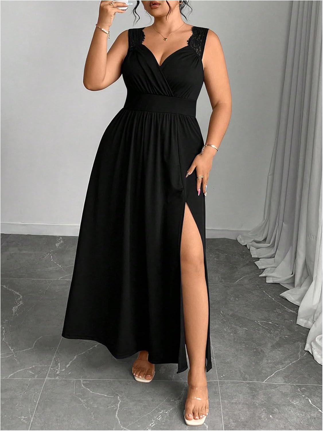 OYOANGLE Women's Plus Size Lace Trim Sleeveless Maxi Dress Wrap V Neck High Slit Formal Evening Dresses - Image 3