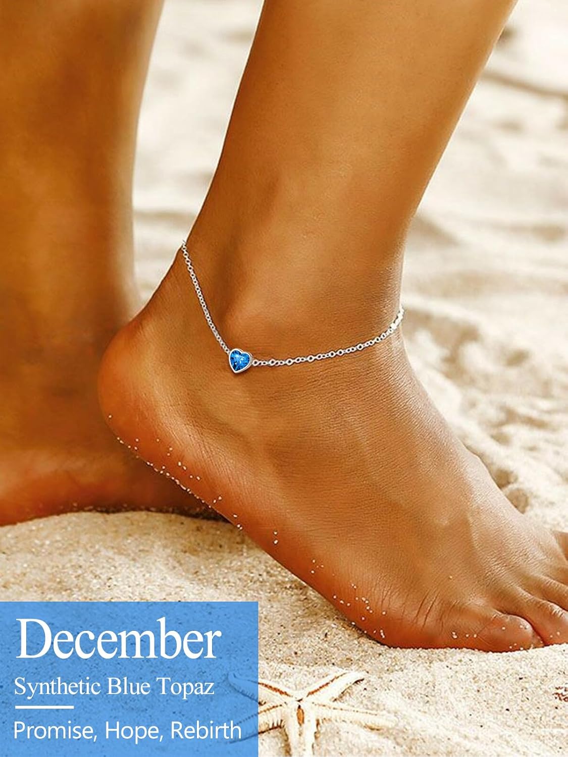 Silvora 925 Sterling Silver Anklets for Women, Dainty Heart Birthstone Ankle Beach Summer Anklet, 8.7-10.7 Inch Adjustable Anklet for Women