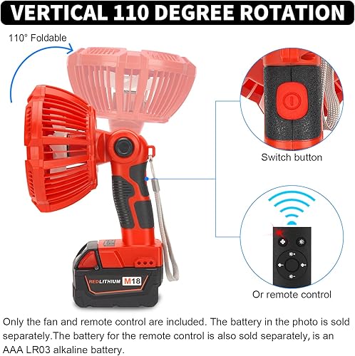 Miniatura 9 de Ventilador de batería Milwaukee de 18 V, motor inalámbrico de 3 velocidades de bajo ruido para camping, gimnasio, garaje, viajes, oficina, dormitorio