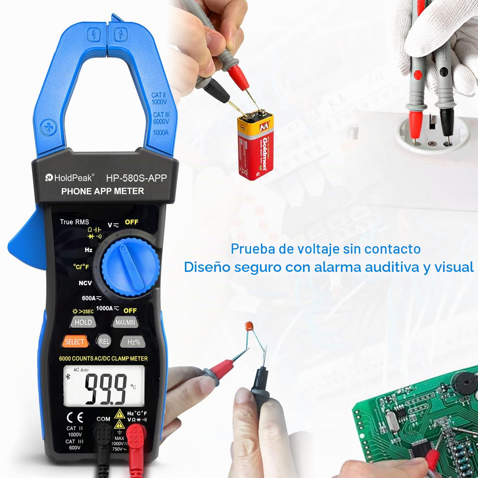 Pinza Amperimétrica HoldPeak con APP connect, Multímetro TRMS 6000 Counts HP-580S Auto Ranging, NCV 1000A AC/DC Volt ohm Resistencia Capacitancia Continuidad Temperatura Diodo