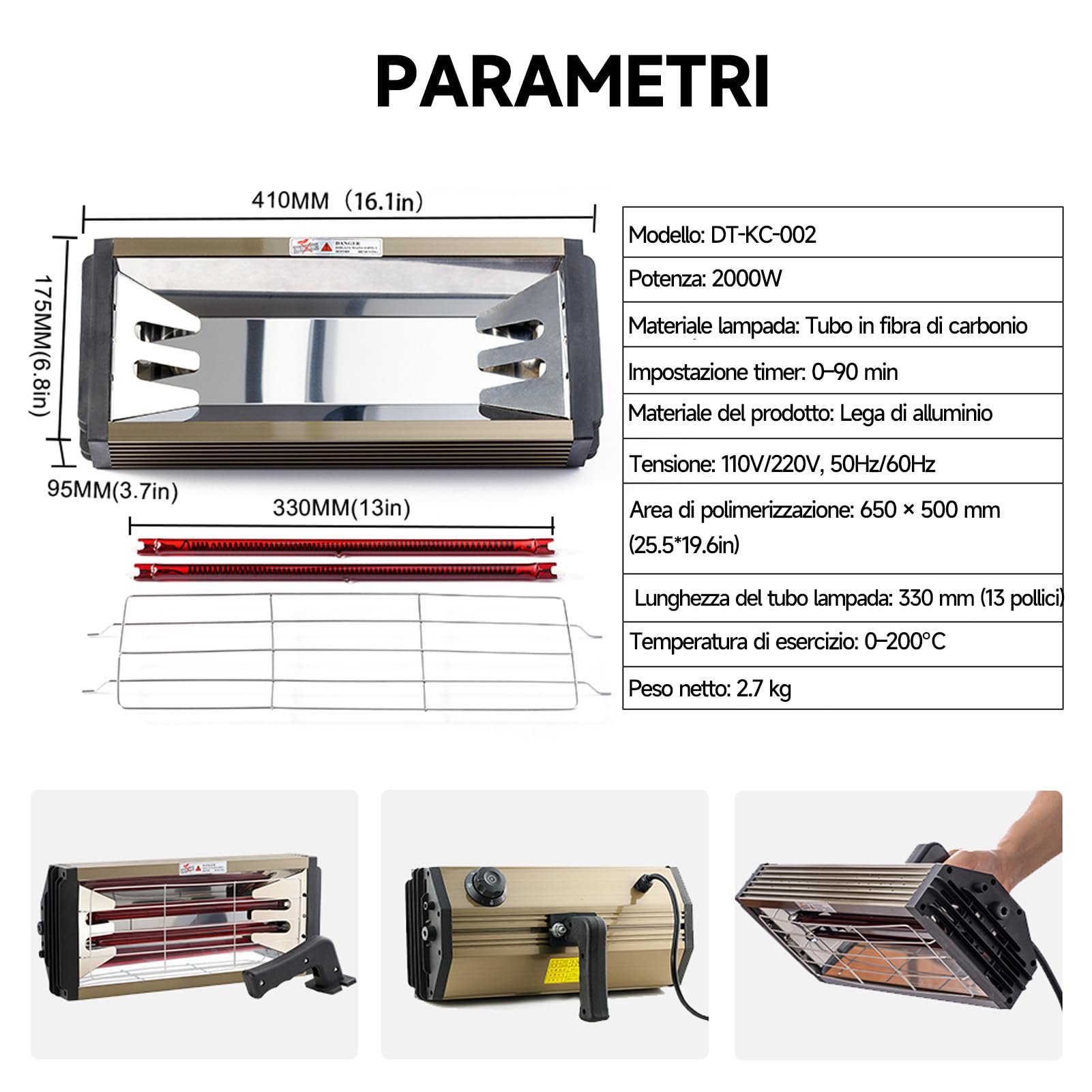 DATOUBOSS Lampada Infrarossi per Carrozzeria 2000W,Lampada per Asciugatura Vernice, Lampada Asciugatura carrozzeria con Timer 0–90 per Riparazione Carrozzeria Auto e Lavori di Verniciatura (650×500m)