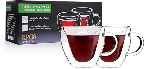 Miniatura 7 de CNGLASS Tazas de café de vidrio con forma de corazón de doble pared de 8.5 onzas, tazas de té transparentes aisladas con asa, tazas de café expreso
