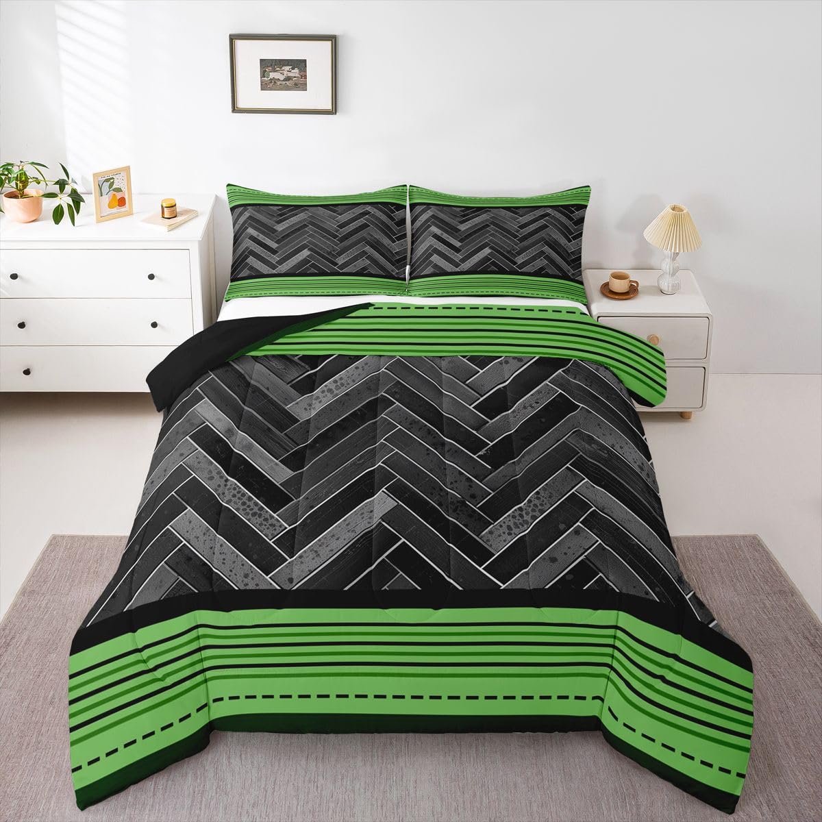 Castle Fairy Green Stripes Kids Comforter Set Queen Size,Gray Black Rectangle Patchwork Reversible Bedding Set for Girls Bedroom Decor Vintage Lines Geometric Quilted Duvet,2 Pillowcases