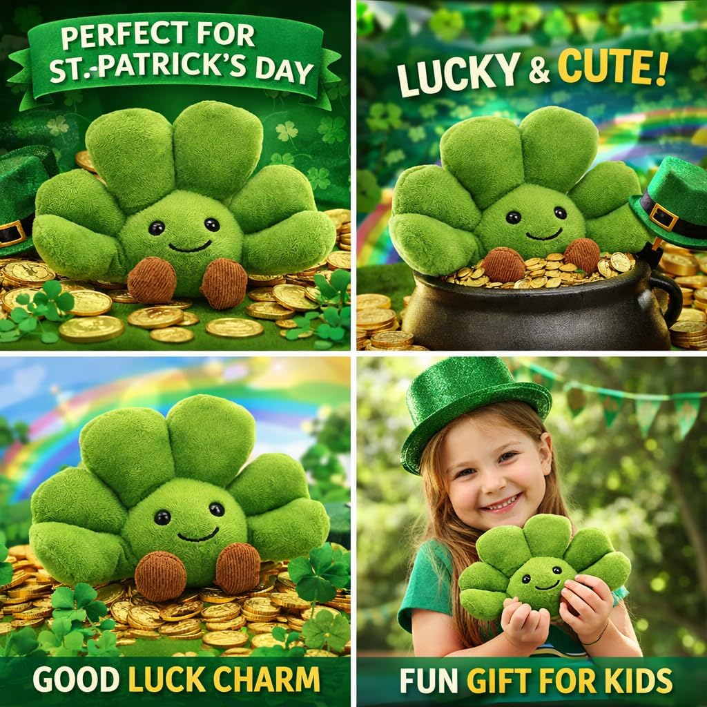 Soft Plush Shamrock - Perfect for St. Patrick's Day Gifts, Four-Leaf Clover St. Patrick's Day Decoration Birthdays & Holiday Blessings