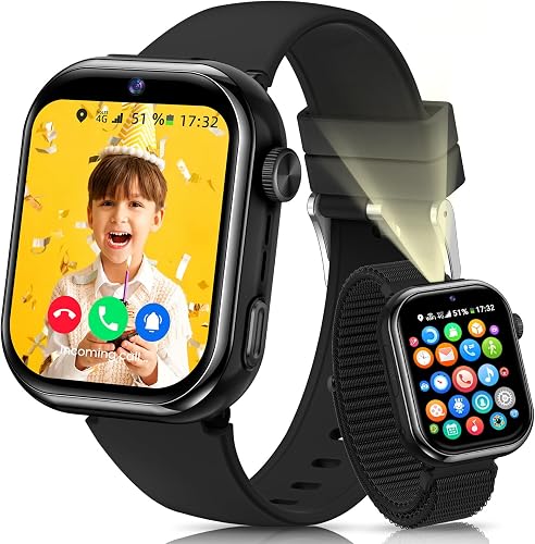4G Montre Connectée Enfant, Montre Telephone Enfant avec GPS, Double Caméra, Appel Vidéo, Chat Vocal, SOS, Mode Classe, Lampe Torche, IP68, Podomètre, Cadeau pour Garçons Filles, Noir, Garantie 3 Ans - 1