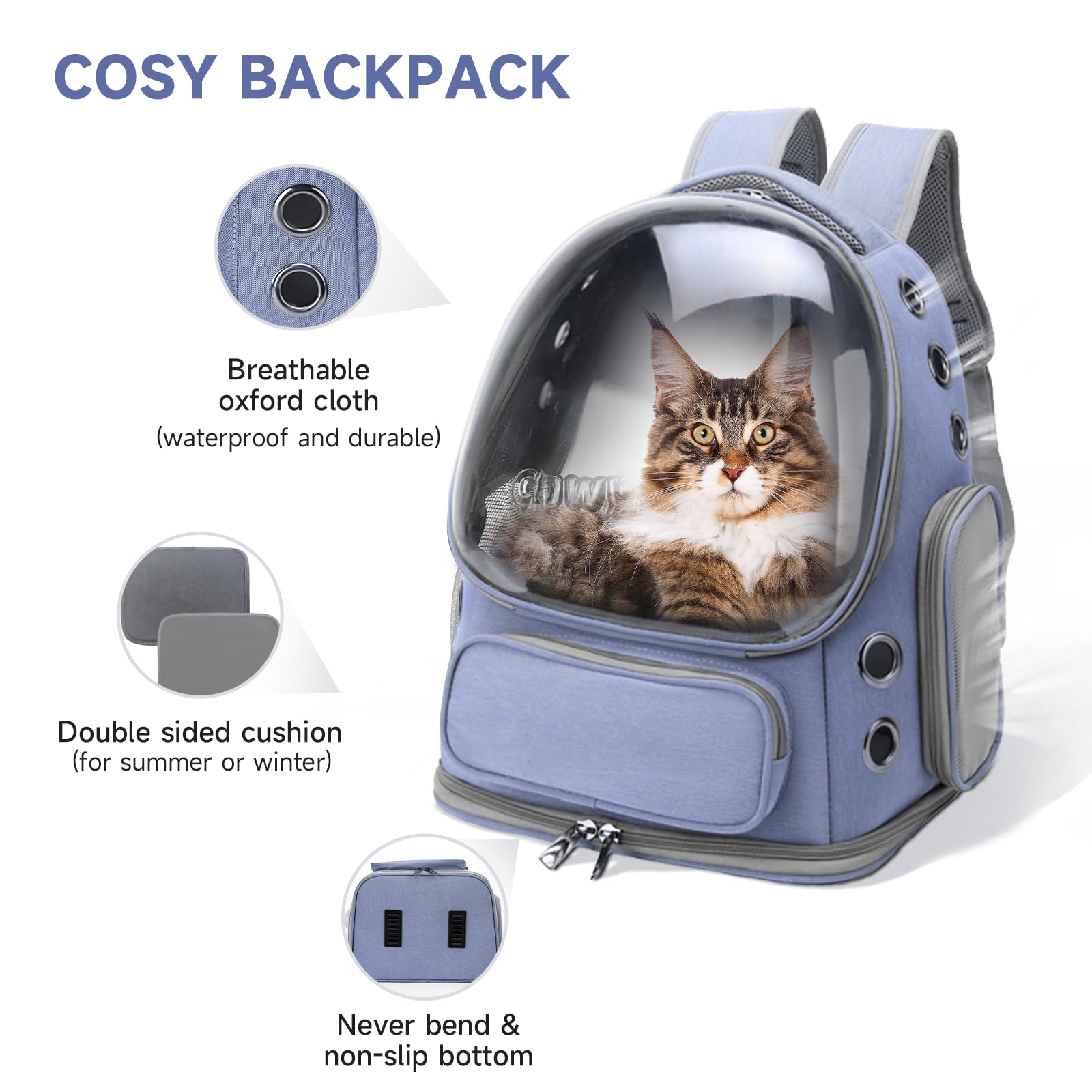 Cawypety Zaino per gatti, traspirante, con bolle spaziali, per cani di piccola taglia fino a 6,8 kg, trasparente e pieghevole, per viaggi ed escursioni (blu