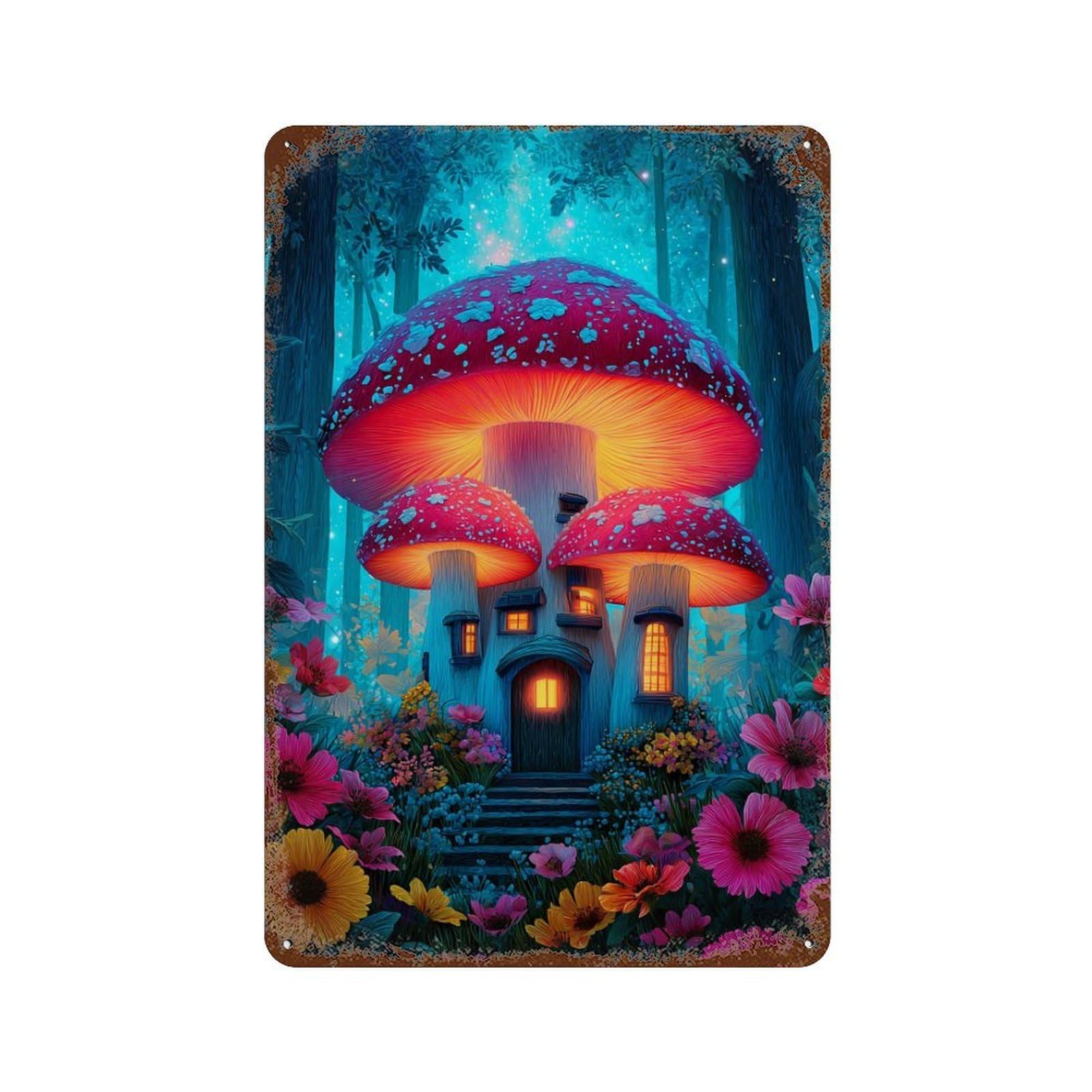 Mushroom House in Fantasy Forest Aged Metal Wall Plaque 11.8"x7.9", for Office, Studio And Wall Decor, Novelty Wall Decor
