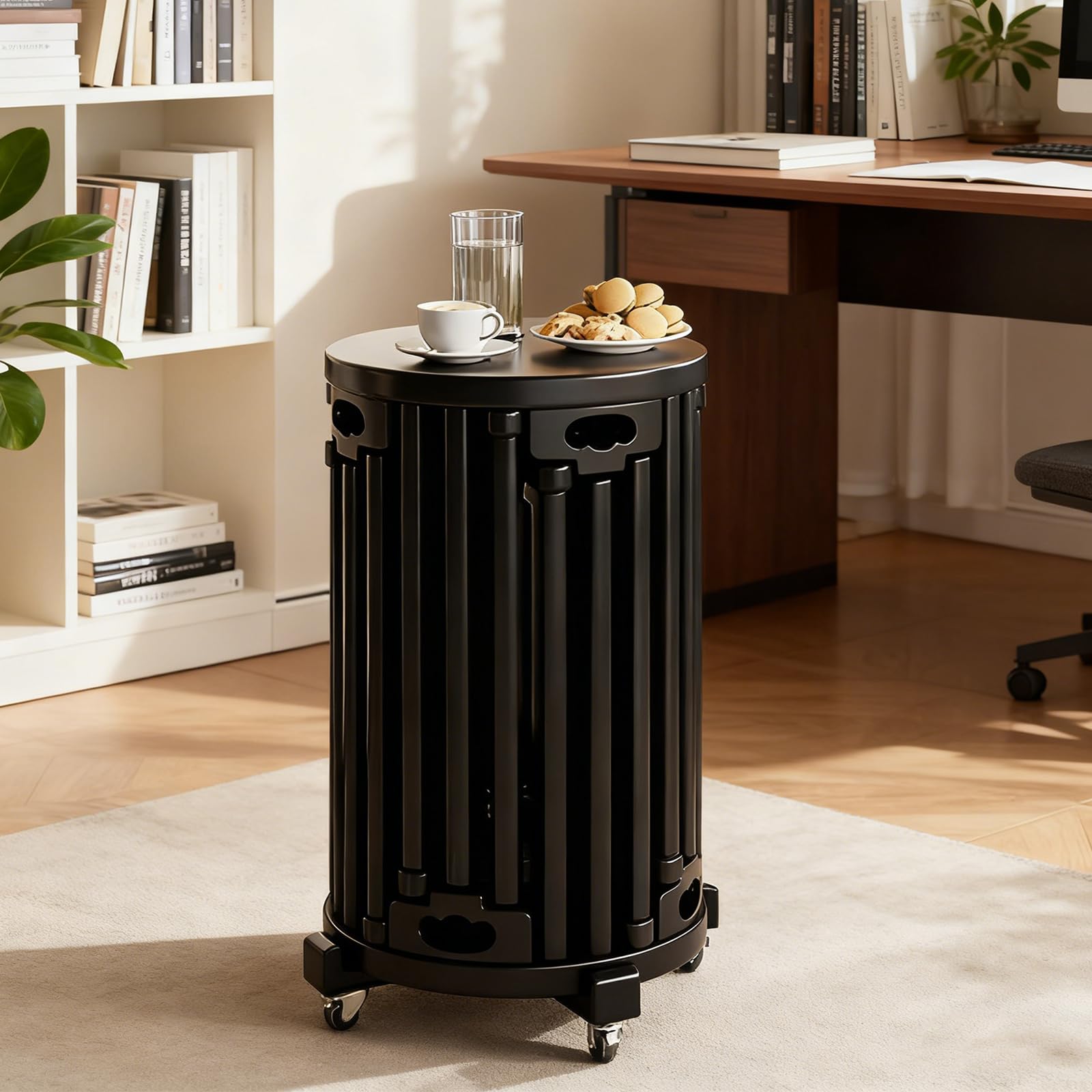 XNZJHPP 6-in-1 Solid Wood Stackable Stools & Side Tables - Vintage Mid-Century Modern Nesting Accent Furniture for Living Room & Bedroom, Versatile Movable Design (Black with Wheels)
