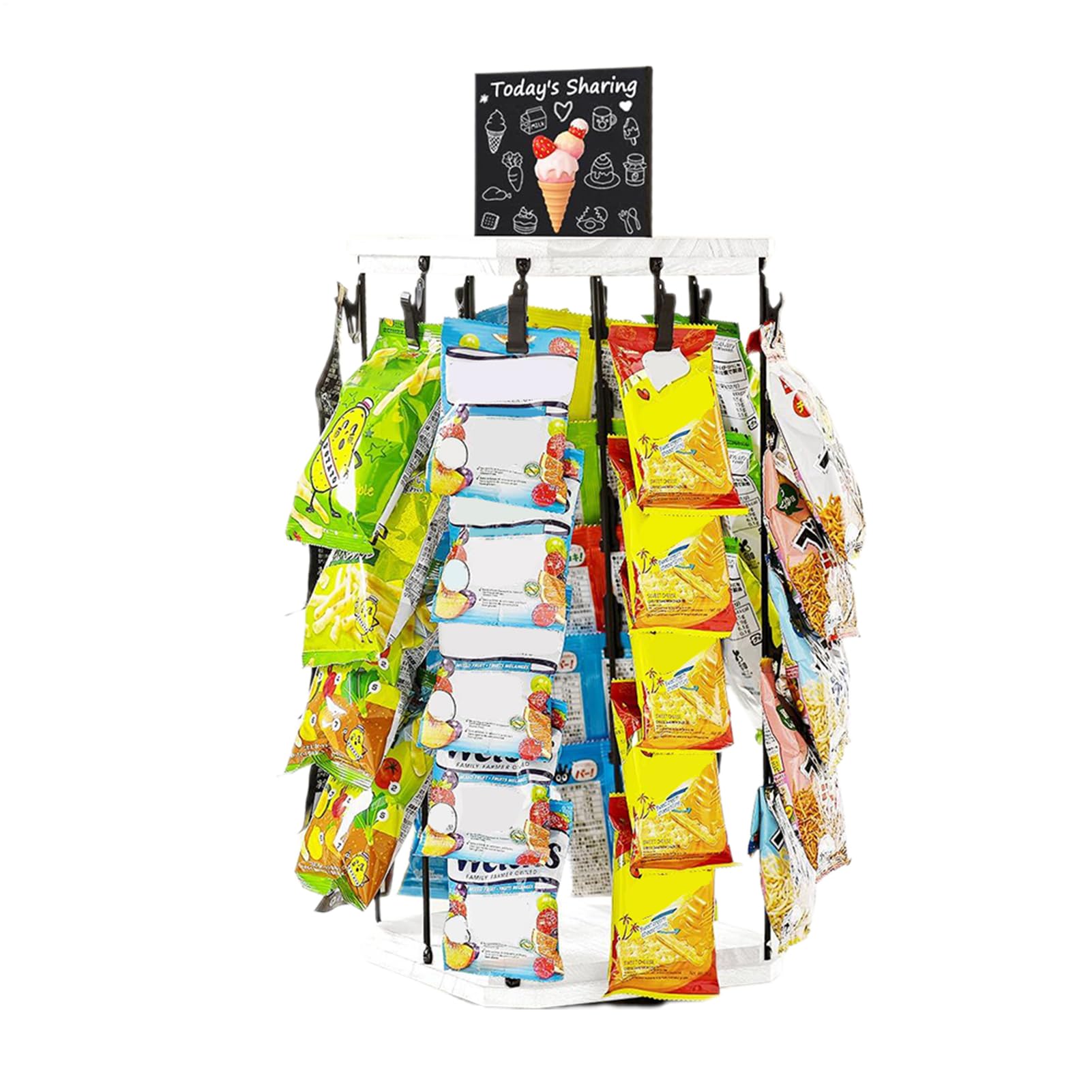 Espositore Snack da Bancone Porta Borse per Patatine Girevole | Base in Legno con Bacheca per Messaggi, Organizzazione Alimenti e Dispensa per Conservazione Cibi
