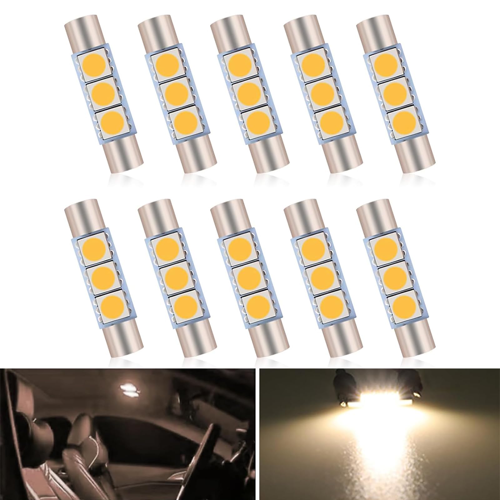 Pack-10 Car 28mm LED Reading Light, 6614F/6612F 5050-3SMD Chips 180° Lighting Super Bright Sunshade Makeup Light, Plug and Play No Delay Roof Light Replacement, Universal for Cars (Warm White)