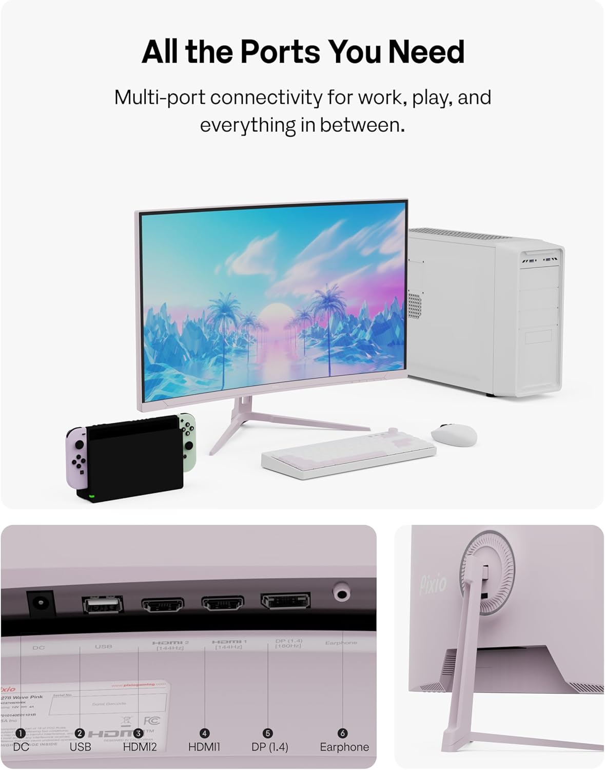 Pixio PXC278 Wave Pink 27 inch 180Hz Refresh Rate QHD 1440p Resolution 1650R Curved Fast VA Panel 1ms GTG Response Time Adaptive Sync HDR Curved Gaming Monitor