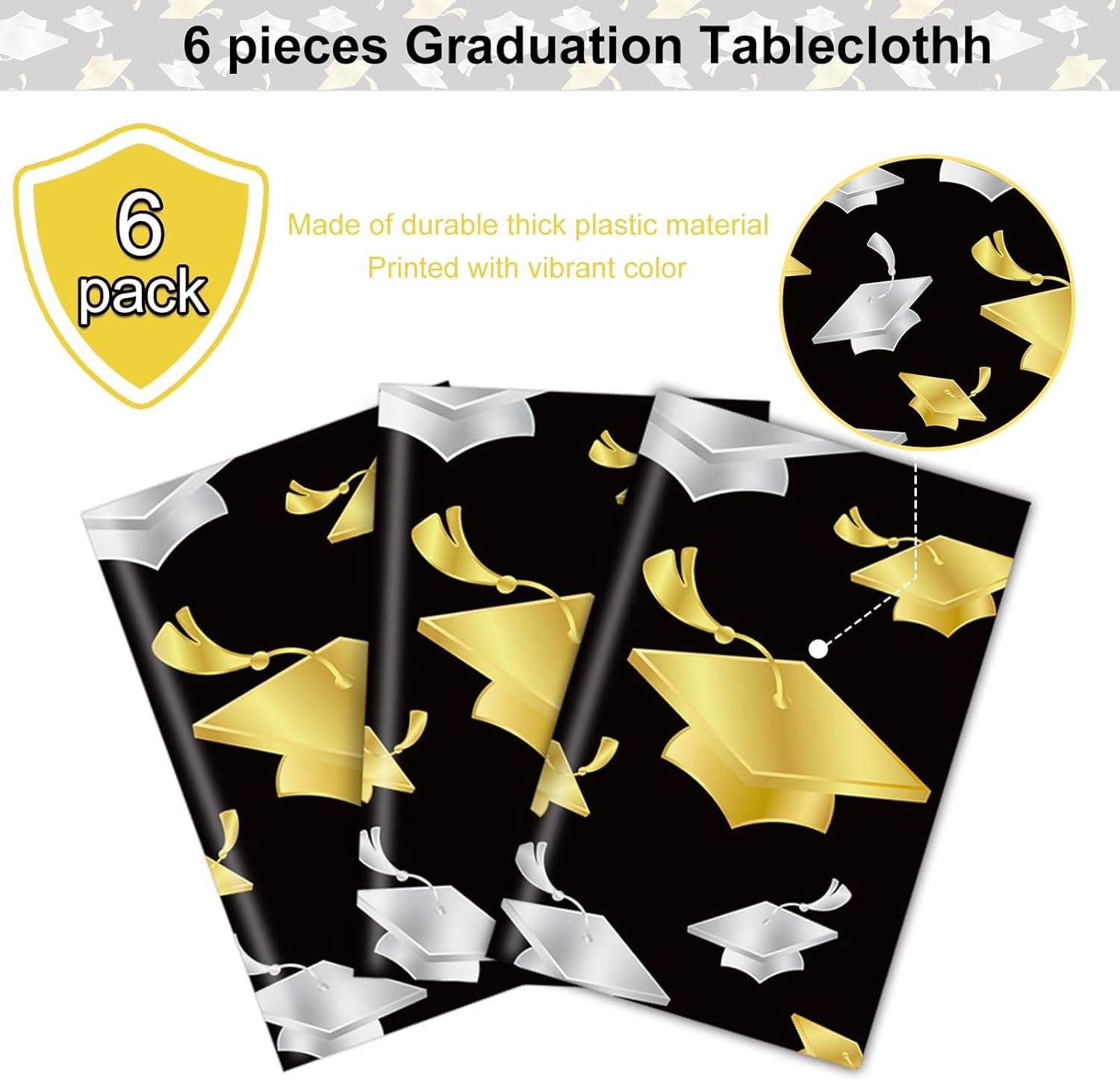 Whaline 6Pcs Graduation Tablecloth Gold Silver Graduation Cap Disposable Table Cloth Waterproof Congrats Grad Table Cover for Grad Season School Decoration Party Supplies