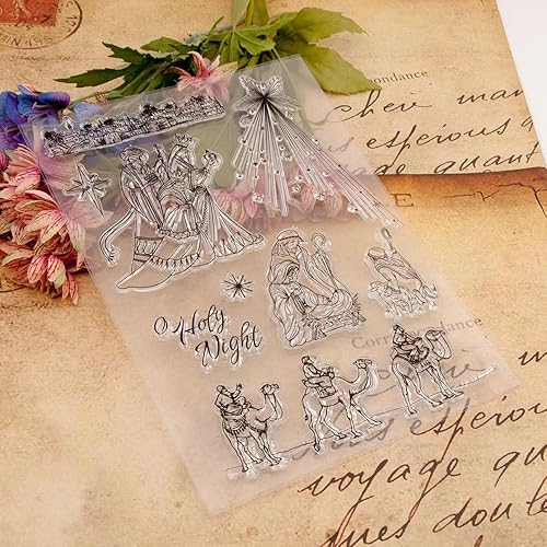 Miniatura 5 de Arbuya Sellos transparentes de Jesús de Navidad para hacer tarjetas o diario, sellos de goma X-Mas Camel Holly Night para álbumes de recortes,