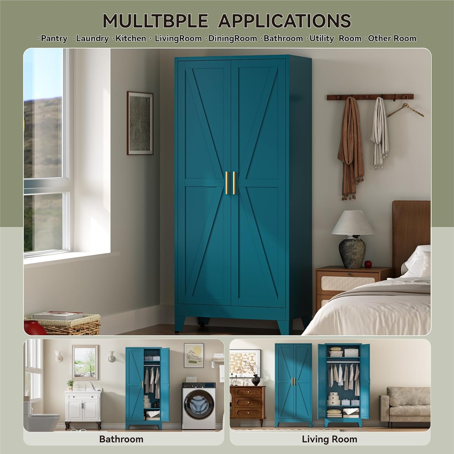 COFaR Metal Wardrobe Cabinet, 71" Farmhouse Storage Cabinet with Hanging Rod, 2 Barn Door, 2 Adjustable Shelves and Legs, for Bedroom, Laundry Room, Cloak Room, Gym, Office, School (Blue Green)