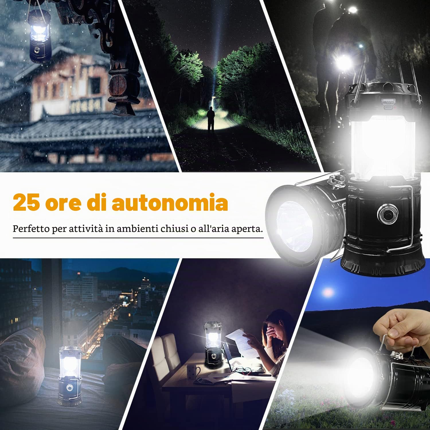 Lanterna da campeggio portatile pieghevole a LED, leggera, impermeabile, ricaricabile tramite USB, kit di sopravvivenza per interni ed esterni, luce di emergenza, interruzioni di corrente