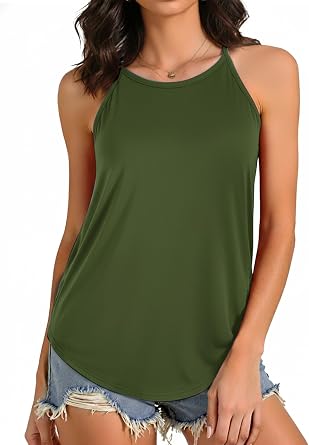 AURUZA Womens Halter Neck Racerback Tank Tops Spaghetti Strap Wide Camisole Longline Sleeveless Summer Basic Blouses Army Green
