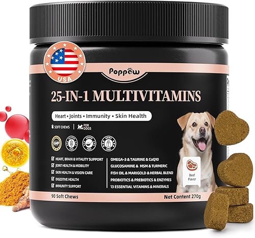 25-in-1 Dog Multivitamin Chews – All-in-One Daily Vitamins & Supplements for Dogs, Joint Support with Glucosamine MSM, Omega-3 Skin & Coat, Gut, Heart & Brain, All Breeds & Ages, Beef, 90Ct