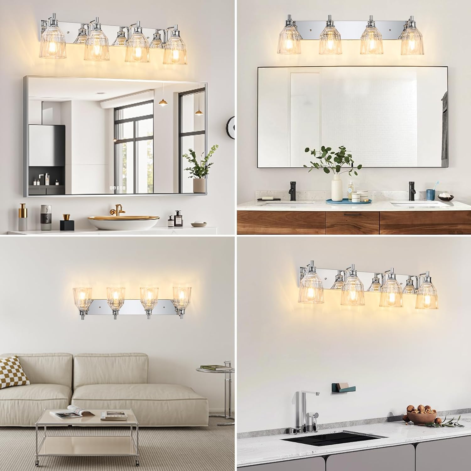 4 Light Bathroom Light Fixtures Modern Chrome Vanity Lights for Bathroom Lighting Fixtures Over Mirror with Thickened Glass Shade for Cabinet Mirror Bedroom Hallway