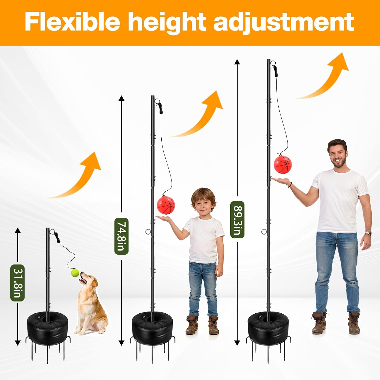 Tetherball Set with Tetherball Ball and Rope 5-Prong Ground Anchor,20kg Water Weight Bag & Adjustable Height Pole Outdoor Backyard Lawn Park Rope Ball Game for Family Dogs