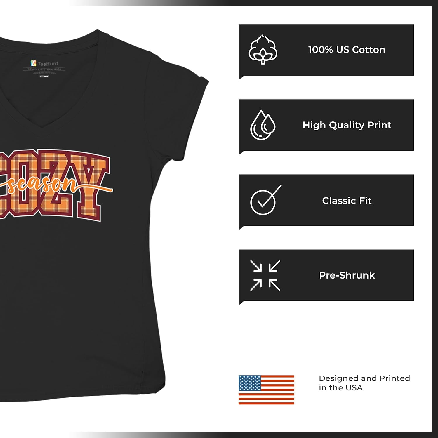 Cozy Season Women's V-Neck T-Shirt Fall Pumpkin Spice Corn Maze Cute Plaid Thanksgiving Autumn Family Dinner Turkey Day Tee - Image 6