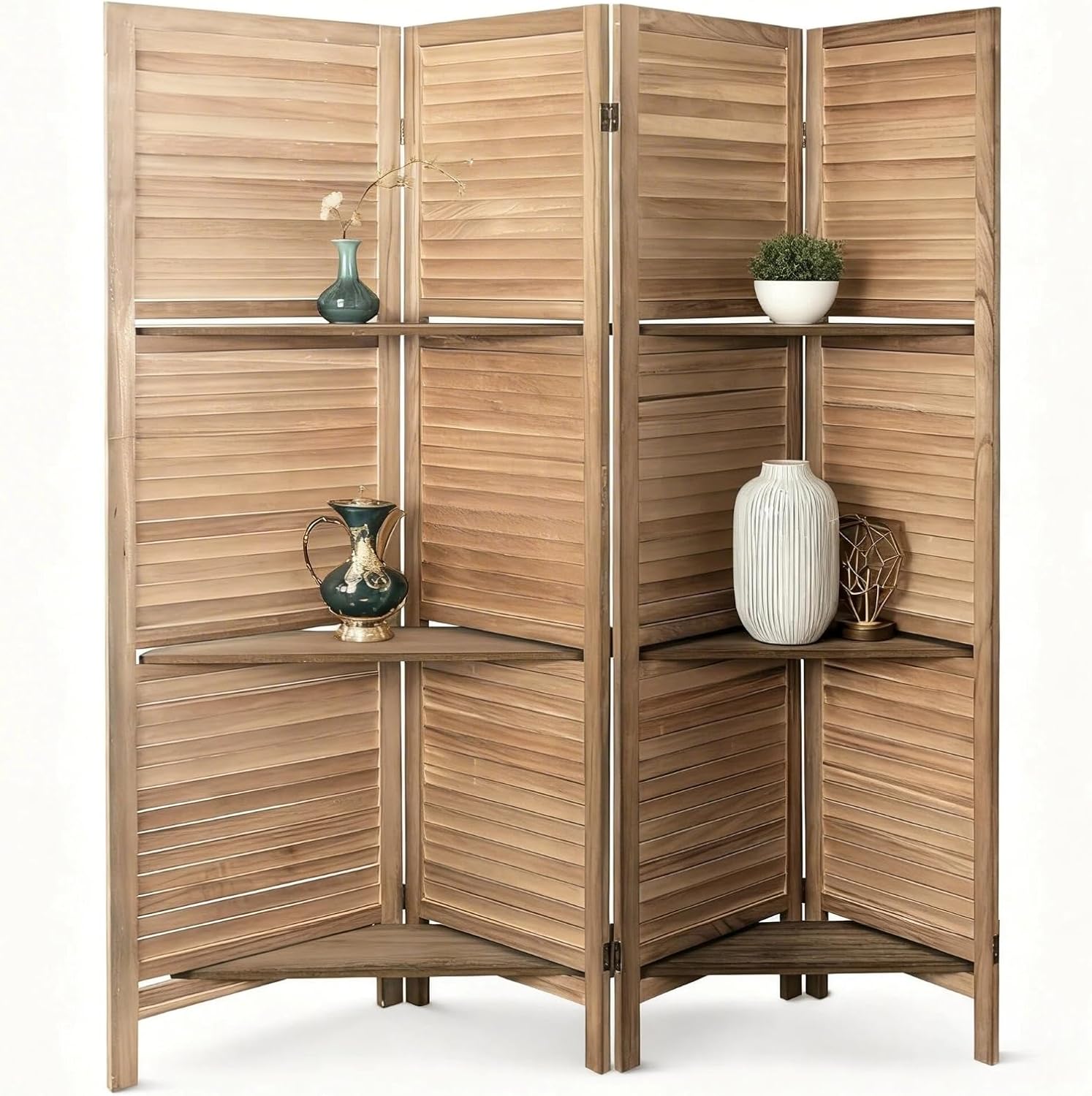 4 Panel Room Divider,Brown Solid Wood Folding Privacy Screen with Shelves,Portable Floor-Mounted Space Partition for Bedroom,Home Office,Studio,Indoor Use,No Assembly Required(Brown)