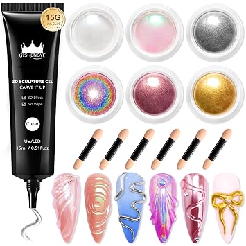 3D Nail Gel and Chrome Nail Powder Kit BISHENGYF 15g No Wipe 3D Sculpting Gel Aurora Rose Pink White Pearl Gold Chrome Nail Powder with Clear 3D Carving Nail Molding Glue Set for Nail Art Decoration