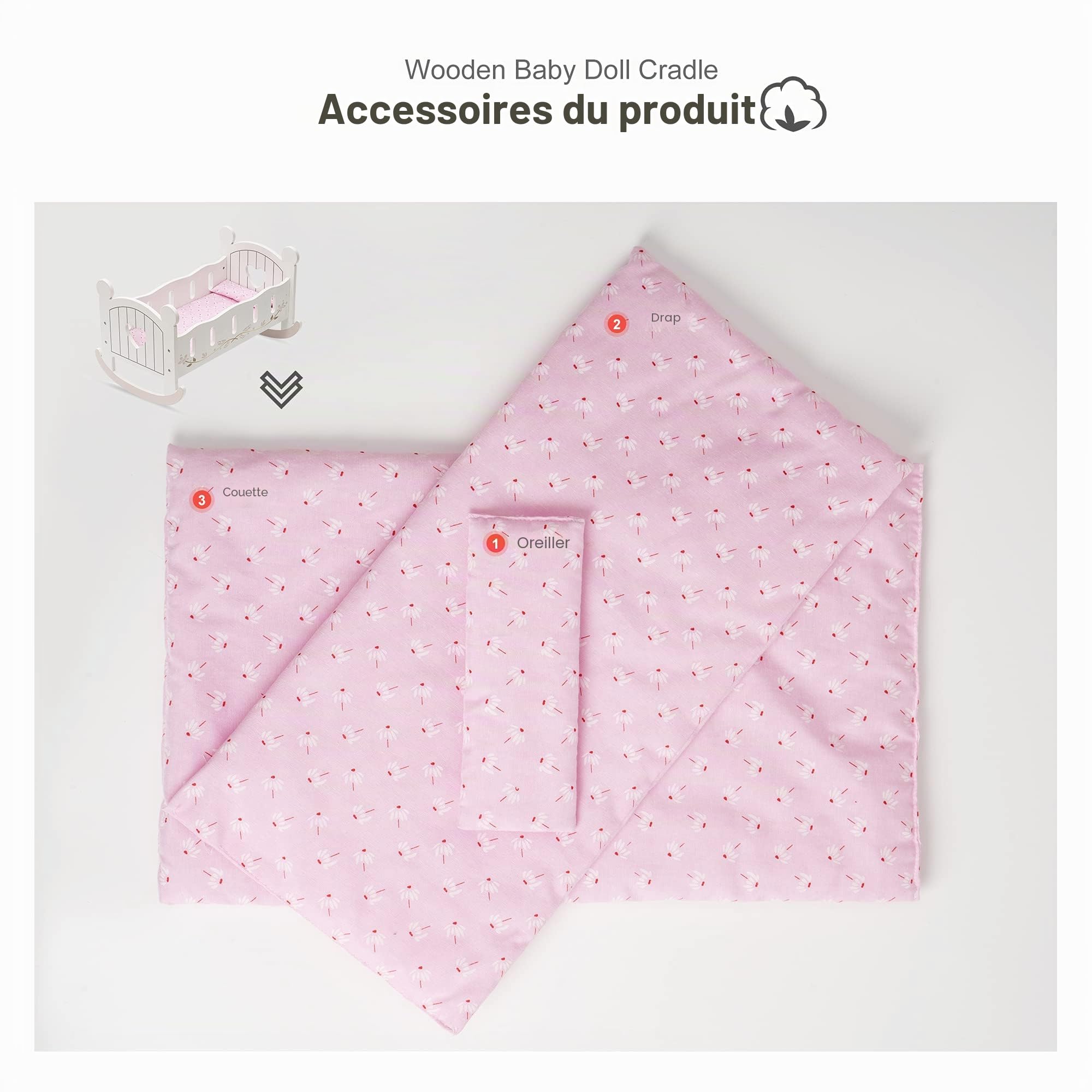 ROBUD Lit Poupon Accessoires de poupée pour bébé, Lit de poupée pour poupées de 18 Pouces, Meubles Jouets en Bois pour Les Tout-Petits, Cadeaux pour Les Filles de 3 Ans et Plus