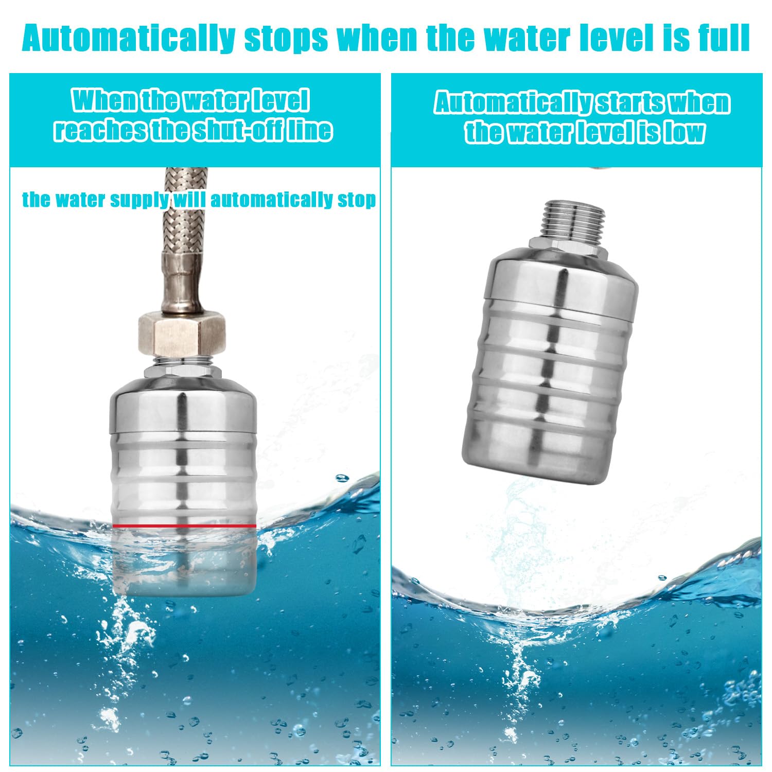 Kit de 4 Válvulas de Flotador Agua, Válvula Flotador Control Automático Nivel Agua Acero Inoxidable 1/2" a 3/4'' para Acuario Piscina Pecera Abrevadero para Ganado Destilador