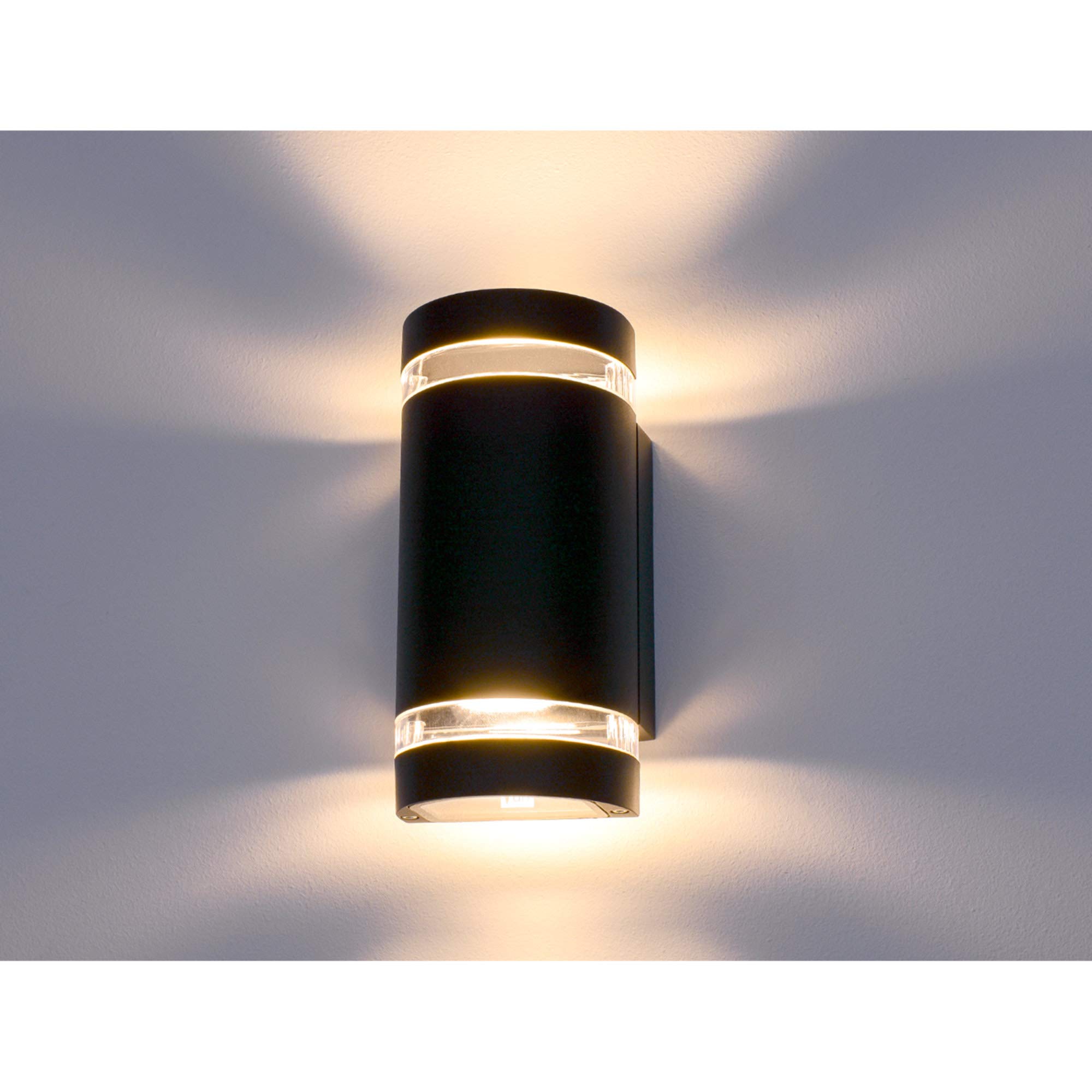 SSC-LUXon ZORA Außenwandleuchte 2x Up & Down rund schwarz IP44 GU10 4W | Runde Wandstrahler für außen im 2er Set - Up-Down-Licht für Fassade, Terrasse & Balkon, inkl. GU10 LED warmweiß