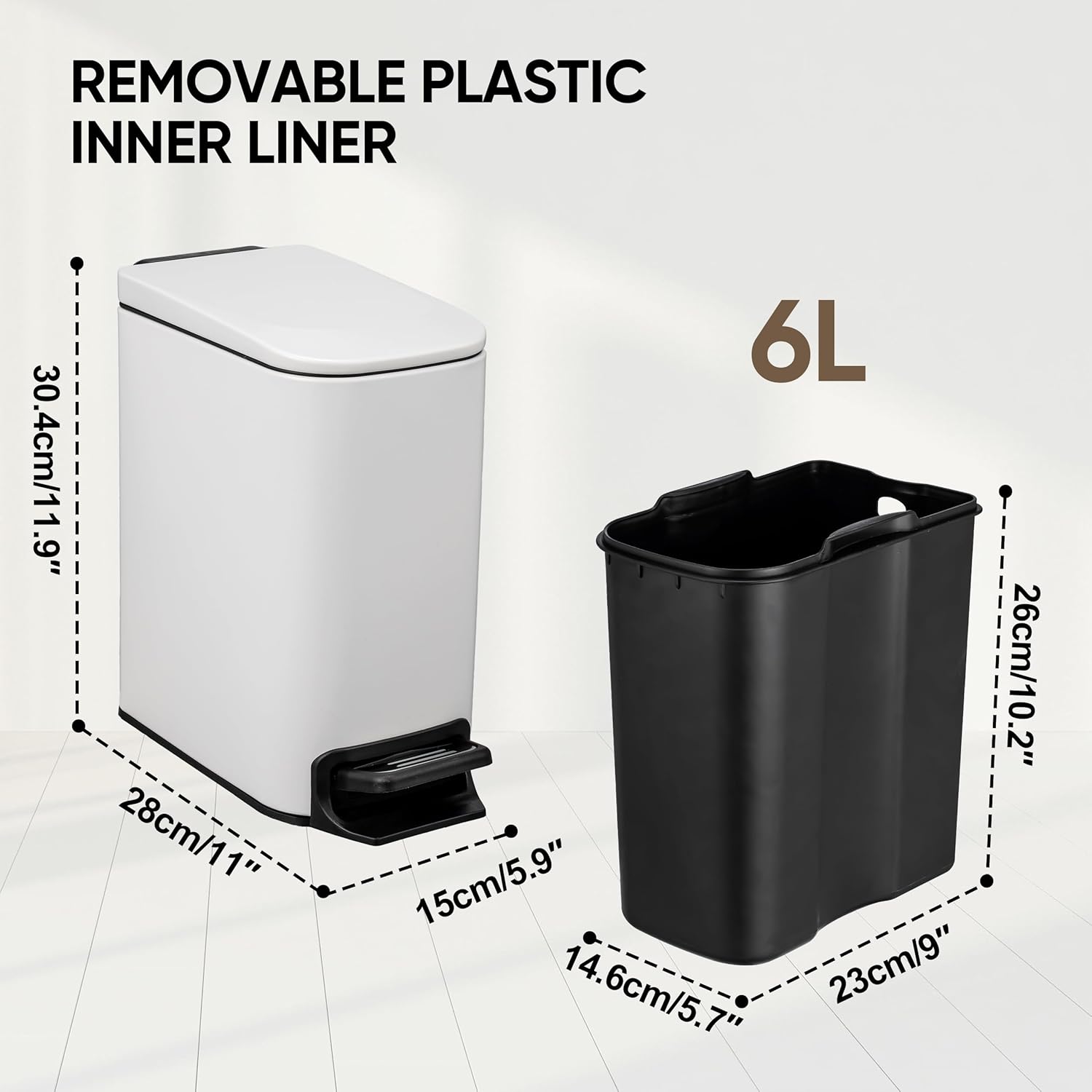 6 Liter 1.6 Gallon Small BathroomTrash Can with Soft Lid W5.9 in Slim Garbage Can with Inner Bucket Dust Bin Waste Bin Bathroom Garbage Can Pedal Powder Coated Metal White