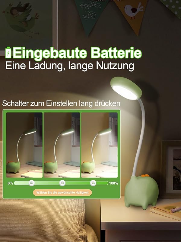 WLHONG Dinoszaurusz Asztali Lámpa Gyerekeknek, Érintéses Szabályozható LED Éjjeli Fény USB Töltéssel, Szembarát Olvasólámpa