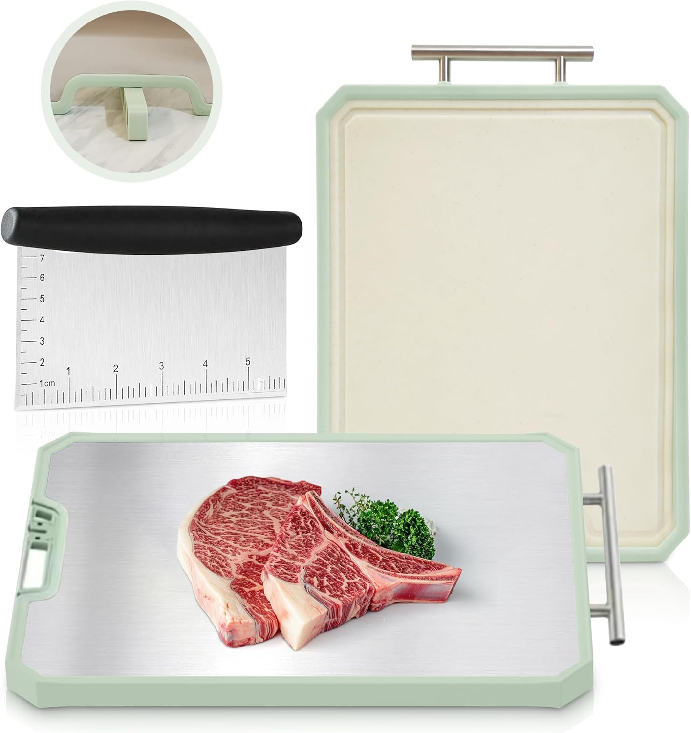 304 Stainless Steel Cutting Board with handle, knife sharpener & Bench Scraper (15.7 x 12 in) – Large Metal Chopping Boards for Kitchen, Stainless Steel Cutting Board, Dishwasher Safe, Non-Toxic