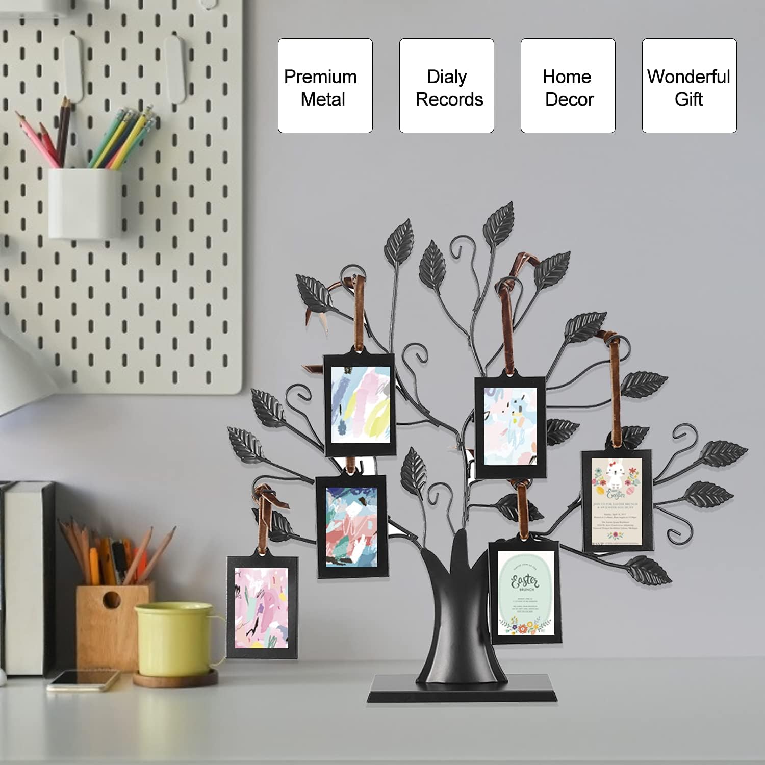 Yosoo Family Tree Picture Frame Display with 6 Hanging Picture Photo Frames, Wall Decor, Table Decor, Gifts for Mom (Photo Frame Size: 6.4 * 4.6cm/2.52 * 1.81in)