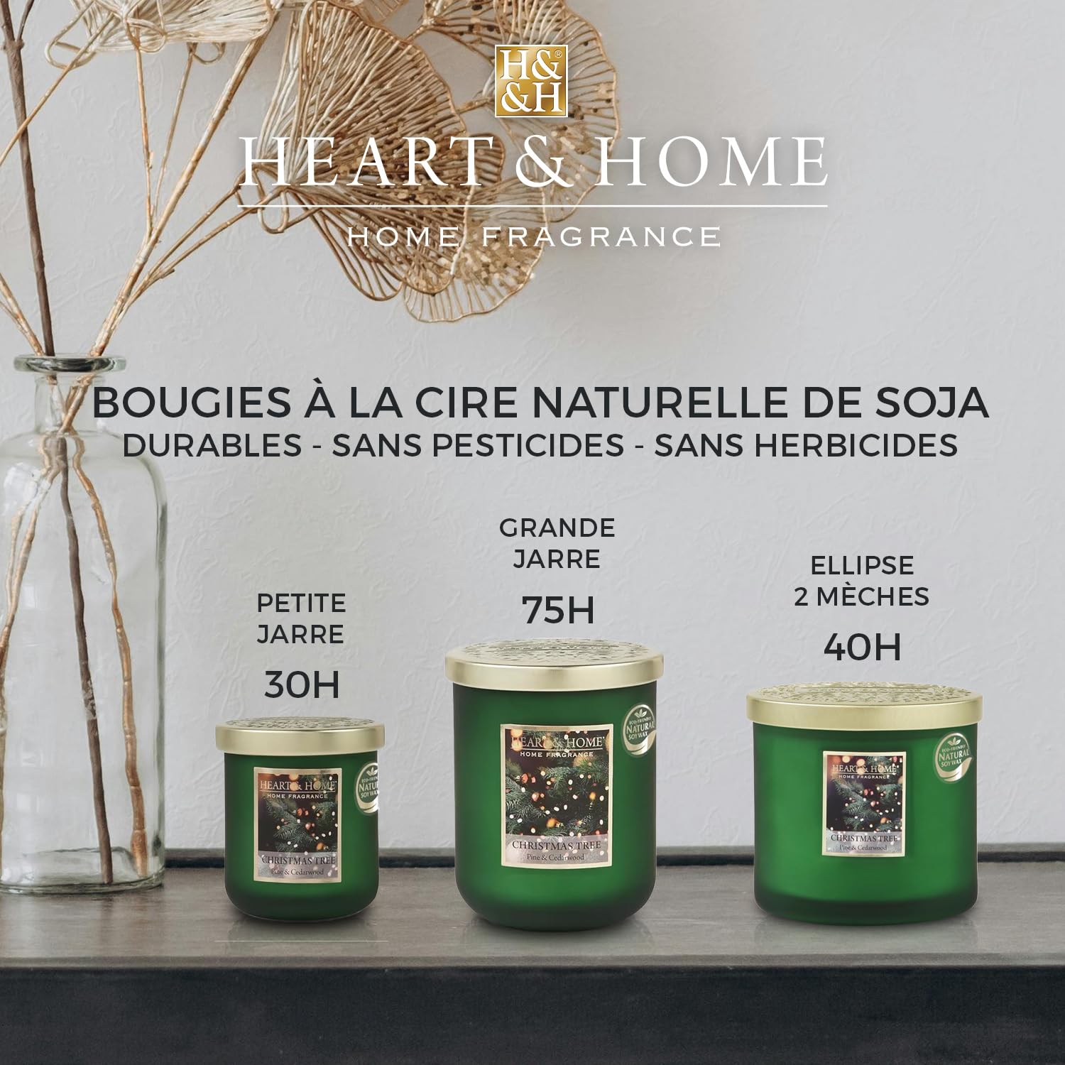HEART & HOME - Bougie Parfumée à Base De Cire Naturelle De Soja Pour La Maison - Grande Jarre Linge Frais - Durée De Combustion 75h - Cadeau, Décoration Et Parfum Pour