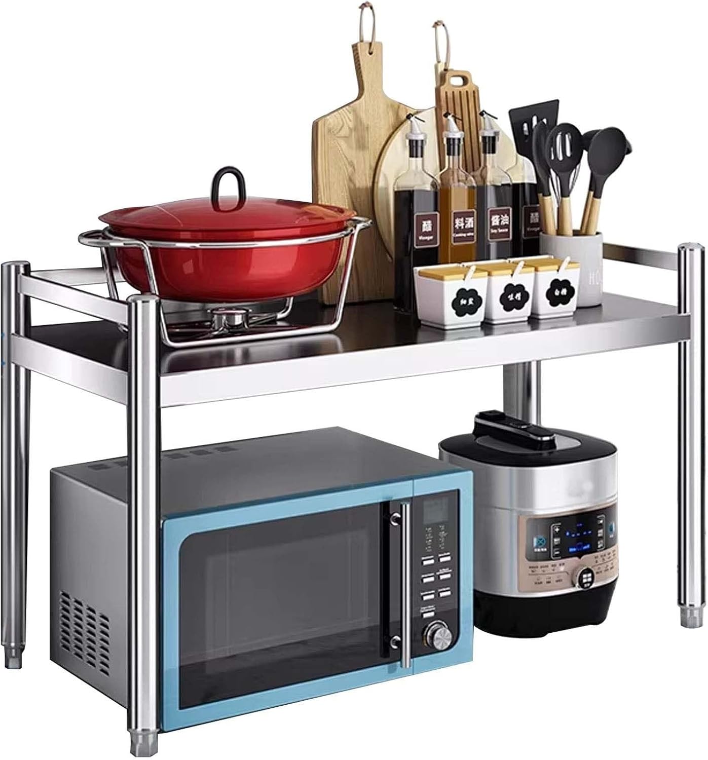 2-Tier Microwave Stand Countertop Kitchen Utensils Tableware Storage Shelf 304 Stainless Steel Pots Pans Rack Spice Rack Pantry Holder 60~120CM(90x30x50cm)