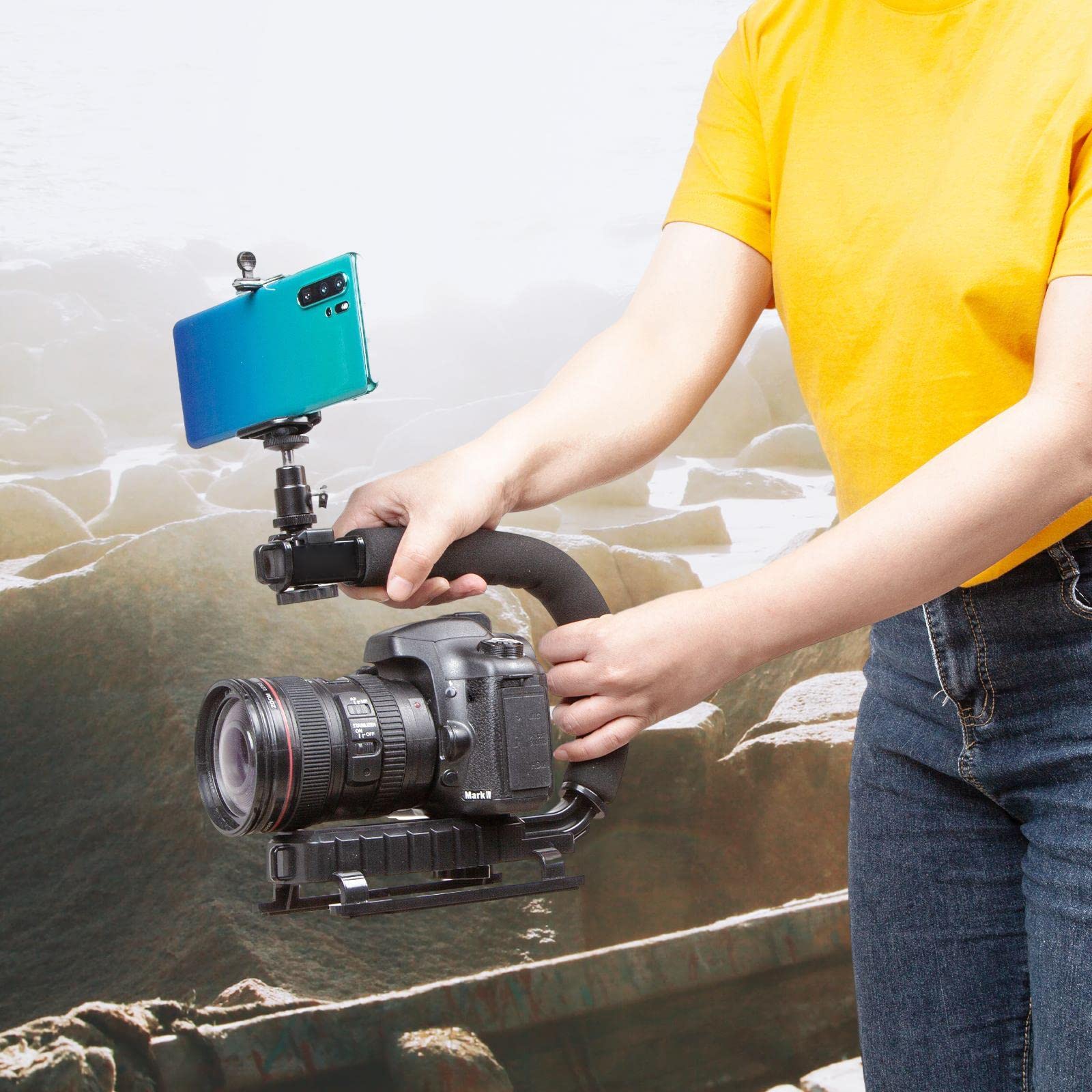 Stabilizzatore per smartphone per fotocamera, impugnatura stabilizzatrice per azione video, presa stabilizzatore portatile con supporto per clip per cellulare Hot Shoe