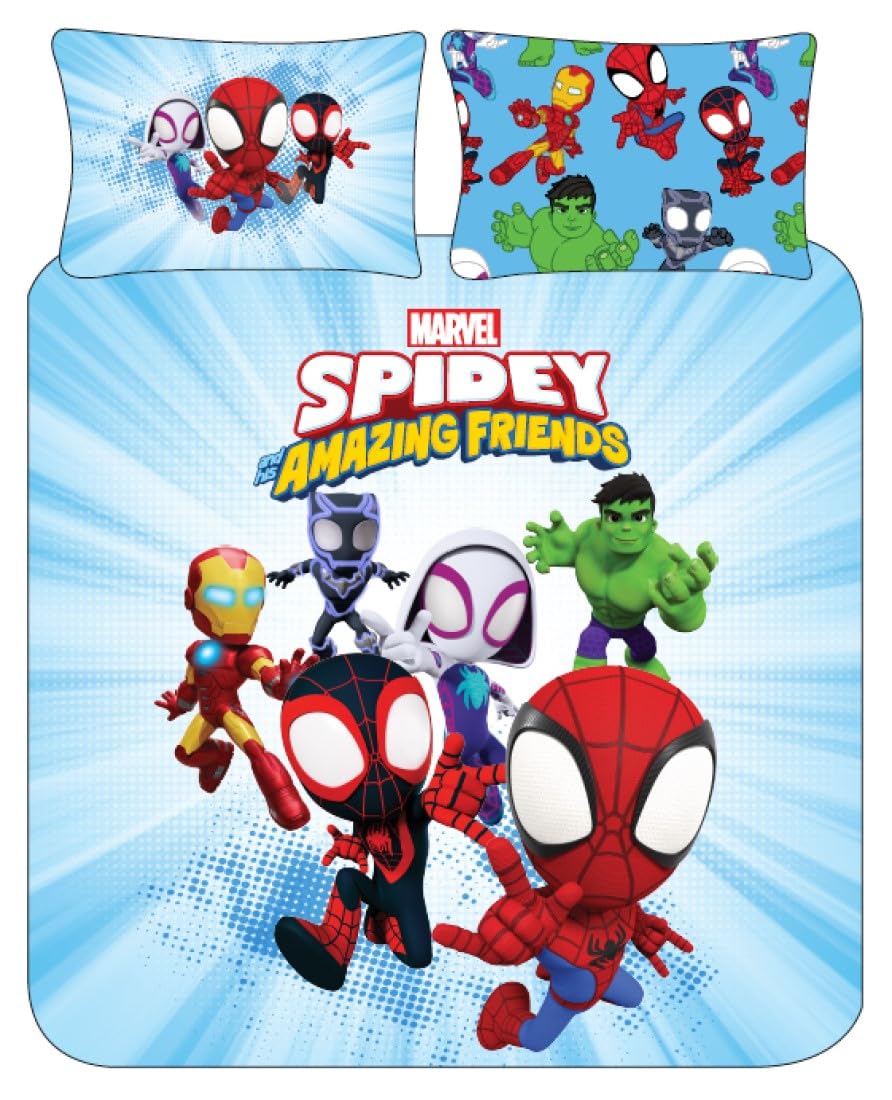 Spidey and His Amazing Friends Blue Duvet Cover Set – Double Bedding Polycotton Set - Reversible Superhero Design for Kids - Official Marvel Bedding (Double)