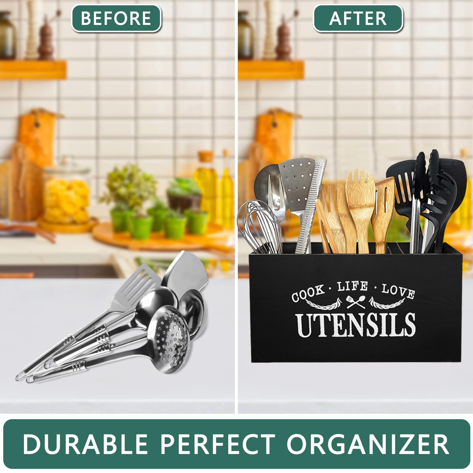 Porta Utensili Da Cucina In Bambù - Nero, 3 Scomparti, Con Fori Di Drenaggio E Maniglie, Organizer Da Banco O Parete - 3