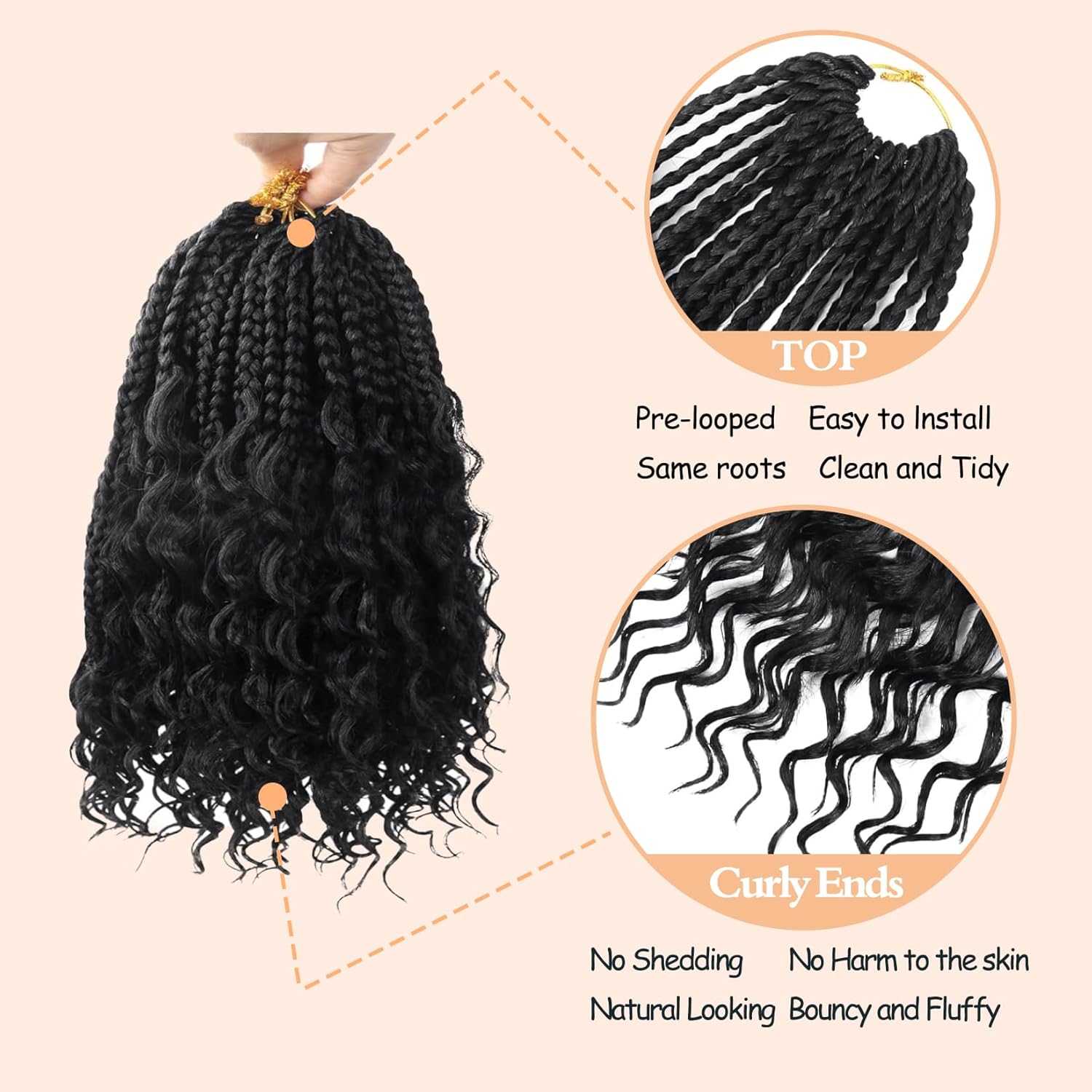 8 Packs Boho Box Crochet Braids Pre Looped with Curly Ends Jet Black - 8 Inch Goddess Bohemian Box Braids Crochet Hair for Black Women Synthetic 3X Boho Braids Crochet Hair Extensions Pre Looped #1