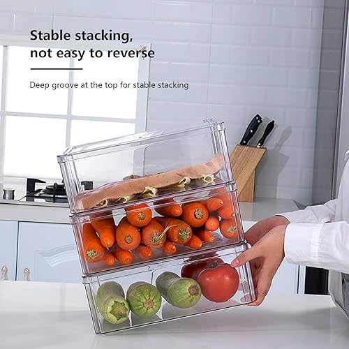 Miniatura 7 de Paquete de 3 recipientes apilables de plástico transparente con tapas, contenedores de almacenamiento de verduras, contenedores organizadores para