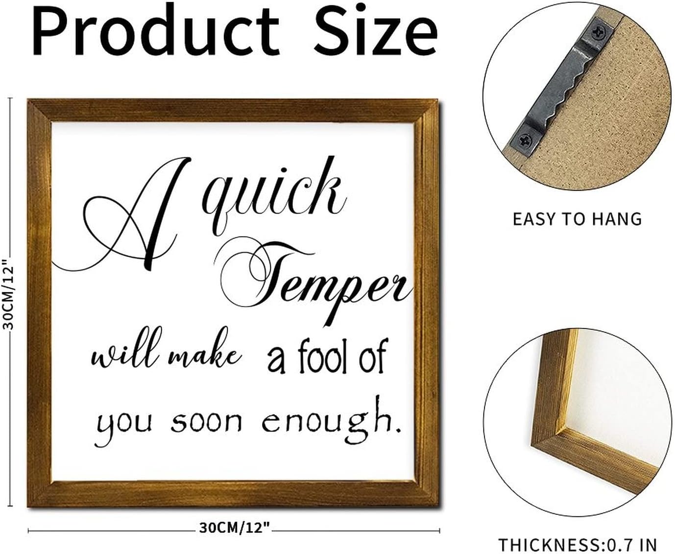 A Quick Temper Will Make A Fool of You Framed Wood Signs Christian Saying Wall Decor Sign Classic Wall Decor Hanging Plaque Sign for Grandpa Papa Dad Boyfriend Teacher Housewarming Gift 12x12 Inch