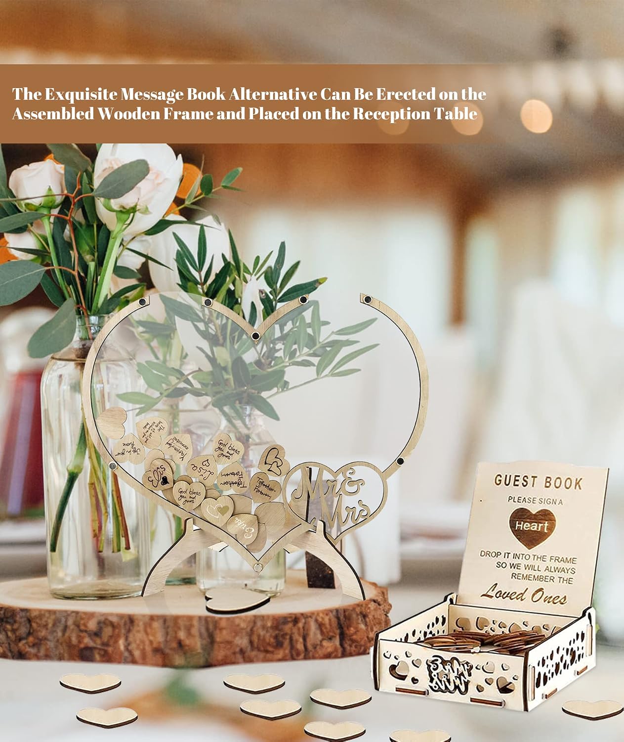 Wedding Guest Book, Heart Wood Guest Book Wedding Reception with 100pcs Wooden Hearts and Drop Box, Rustic Wedding Sign Decor for Reception and Ceremony Party