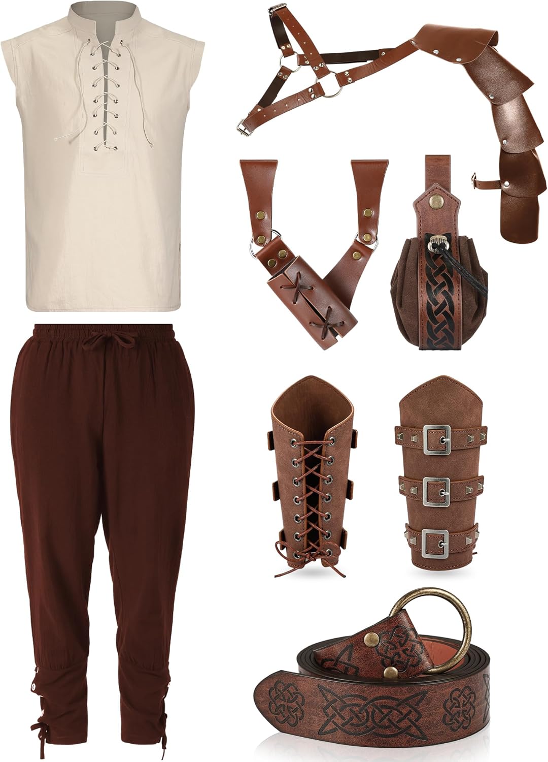 7 Pcs Halloween Men's Renaissance Costume Set Shirt Pants Belt Shoulder Armor Pouch Bracer Sword Bag