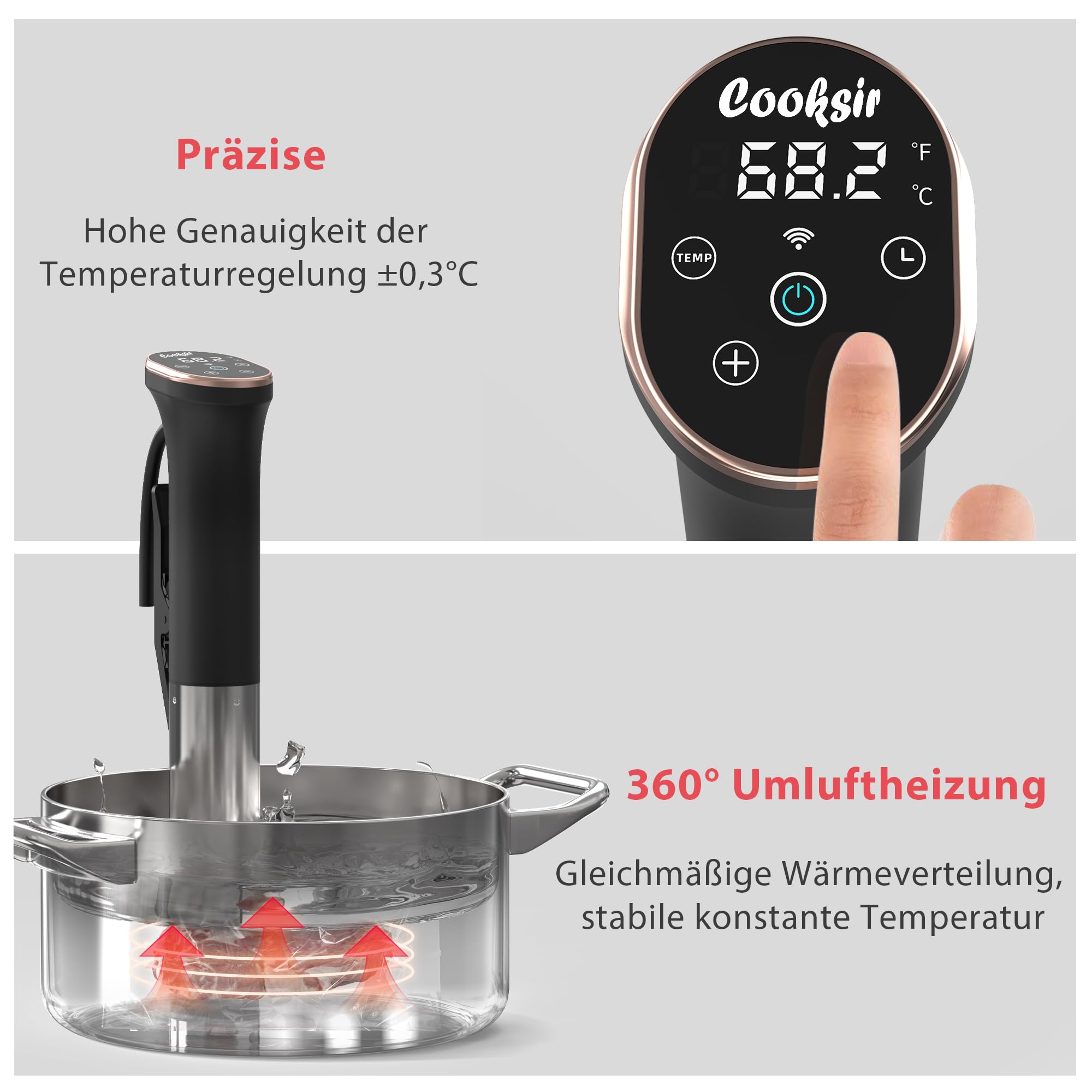 Sous Vide Roner Cocina Baja Temperatura, LED, 1400W, carcasa de acero inoxidable, funcionamiento Wi-Fi y táctil, Equipado con malla de acero inoxidable y bolsa de vacío con kit de bomba,