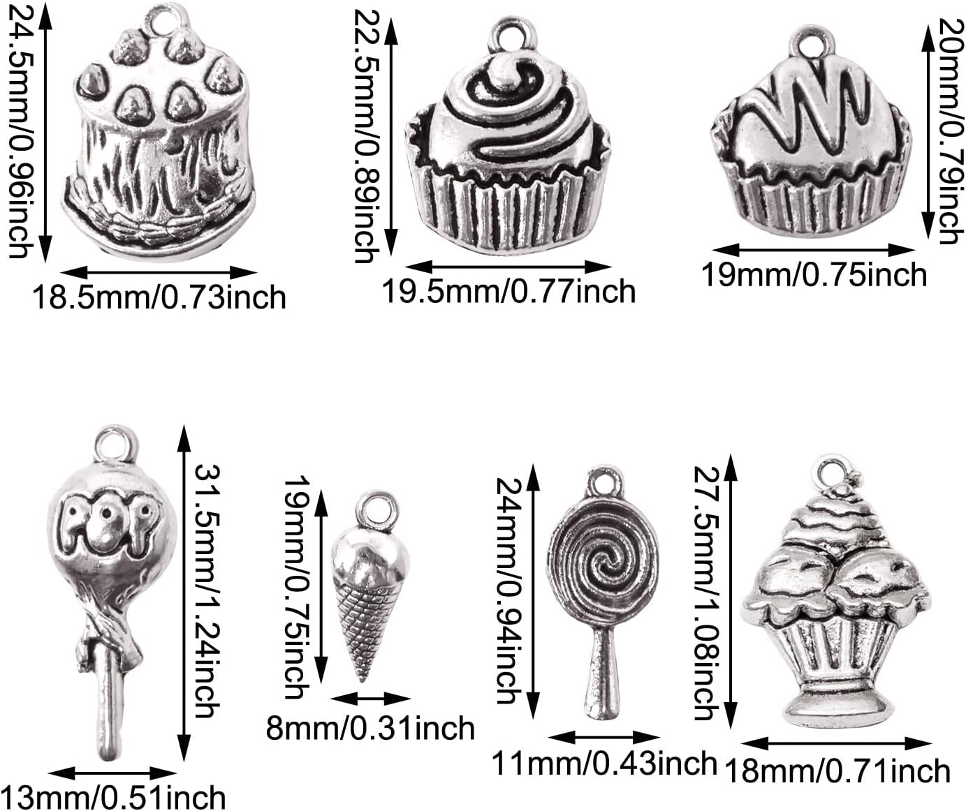 Honbay 70PCS Alloy Cake Charms Pendant Lollipop Ice Cream Cupcake Food Dangle Charms for Earrings Bracelet Necklace Jewelry Making (7 Style) - Image 2